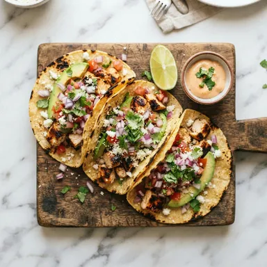 Trzy tacos z kurczakiem na drewnianej desce