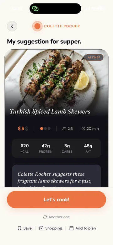 App screen showing a single recipe with its cooking time and nutrition values