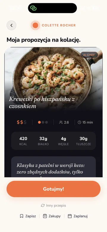 Ekran aplikacji z jednym przepisem: krewetki po hiszpańsku z czosnkiem, 15 minut, z wartościami odżywczymi