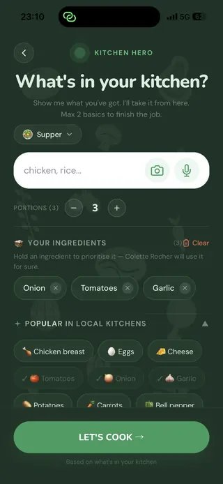 Kitchen Hero screen: an ingredients field with camera and microphone buttons