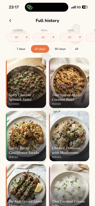 Cooking history with filters and dish photos