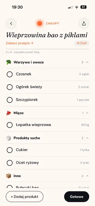 Lista zakupów jednego przepisu pogrupowana według działów sklepu
