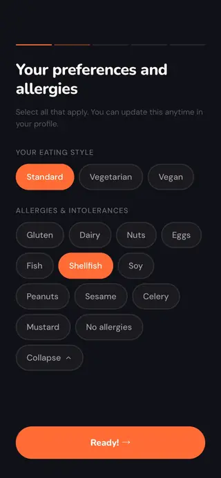 Onboarding screen asking about diet, allergies and intolerances