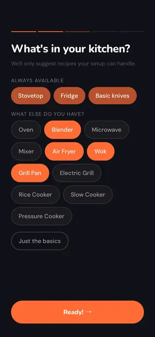 Onboarding screen for selecting kitchen equipment