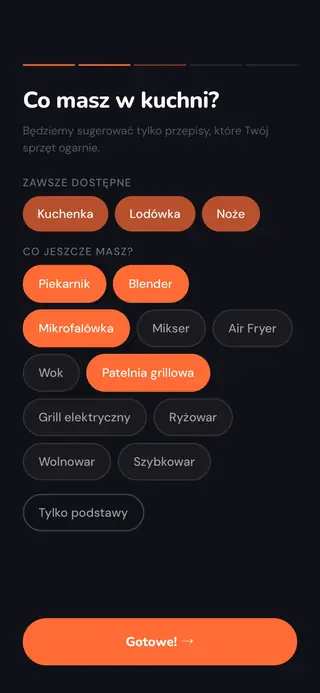 Ekran startowy z wyborem sprzętu kuchennego
