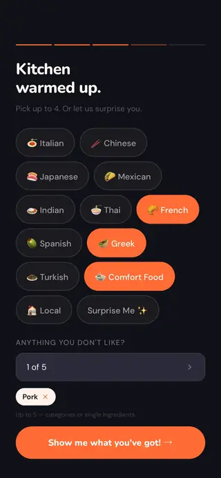 Onboarding screen for picking favourite cuisines