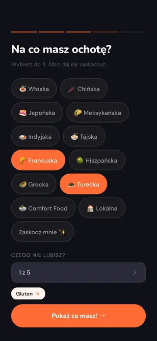 Ekran startowy z wyborem ulubionych kuchni
