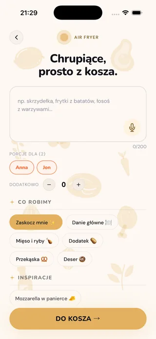 Ekran trybu Air Fryer: pole na zachciankę, porcje dla domowników i wybór, co robimy