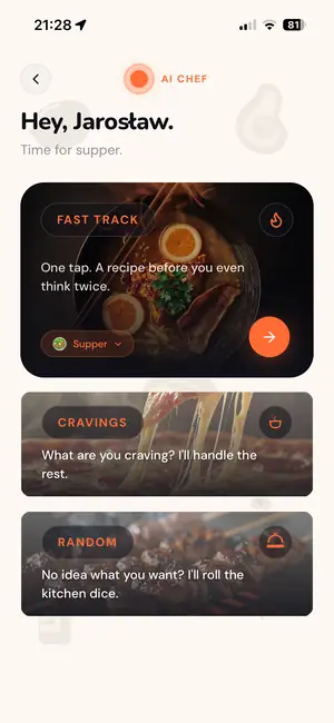 The AI Chef screen with Fast Track, Cravings and Random tiles