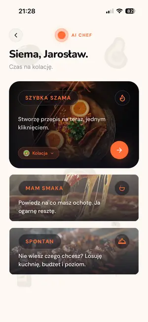 Ekran AI Chef z kaflami Szybka szama, Mam smaka i Spontan