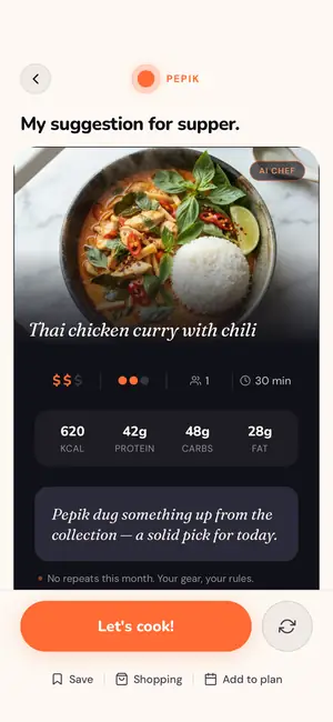 A finished recipe with time, cost, calories and the Let's cook, Shopping and Add to plan buttons
