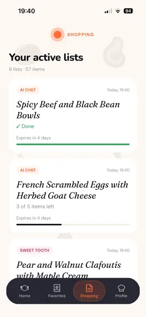 Active shopping lists with progress