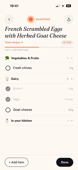 One recipe's shopping list grouped by aisle