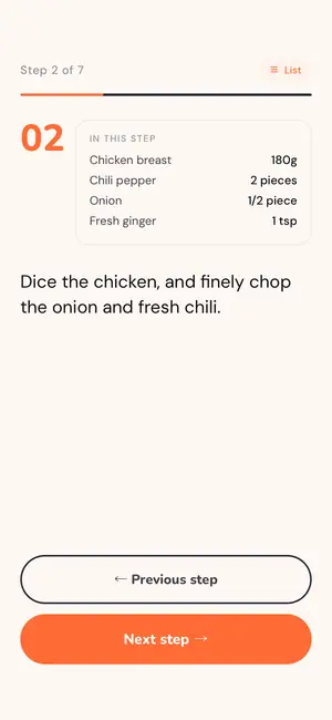 A cooking step on the full screen with its ingredients