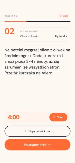 Krok gotowania na całym ekranie ze składnikami i minutnikiem