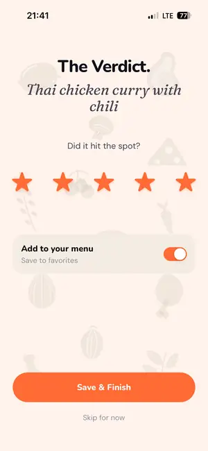 A five-star rating and the “Add to your menu” switch