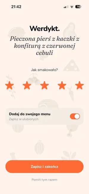 Ocena pięć gwiazdek i przełącznik „Dodaj do swojego menu”