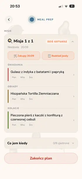 Plan z misją, przyciskami Zakupy i Rozkład jazdy