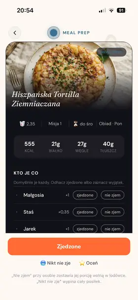 Posiłek z listą „Kto je co”: zjedzone albo nie zjem