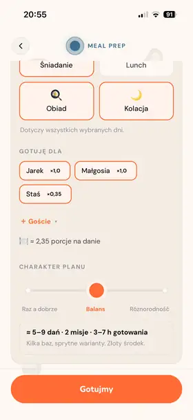 Konfigurator: domownicy z porcjami i suwak charakteru planu