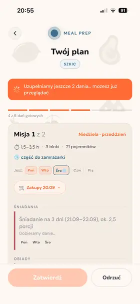 Szkic planu w trakcie uzupełniania dań