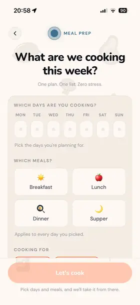 Meal Prep configurator: choosing days and meals