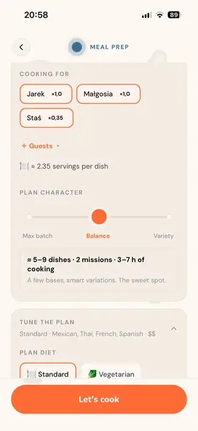 Configurator: household members with portions and the plan character slider