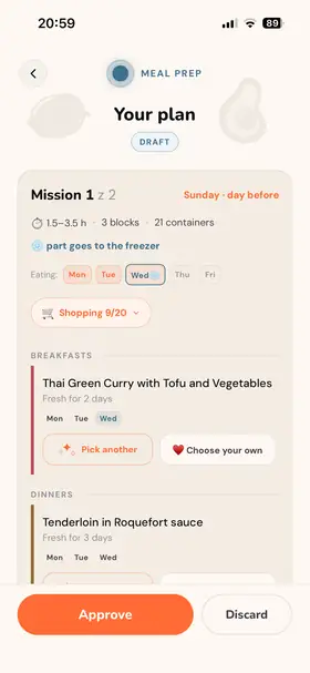 Draft plan with “Pick another” and “Choose your own” buttons