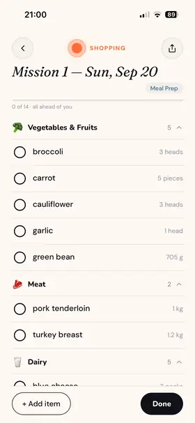 A mission's shopping list grouped by aisle