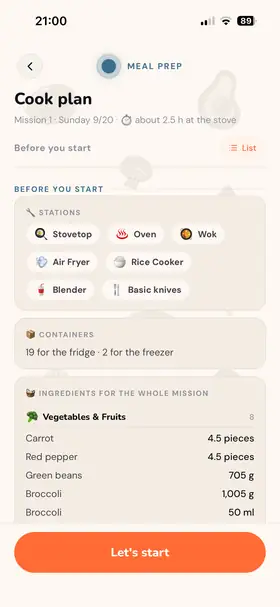 Cook plan: stations, containers and ingredients for the whole mission