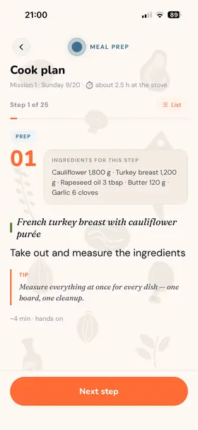 Cook plan: step 1 of 25 with ingredients and a tip