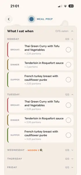 The “What I eat when” view with meals to tick off